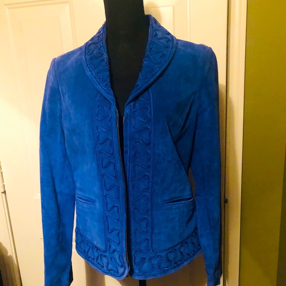 Beautiful Bamboo Embroidered Blue Suede Jacket - Picture 1 of 9